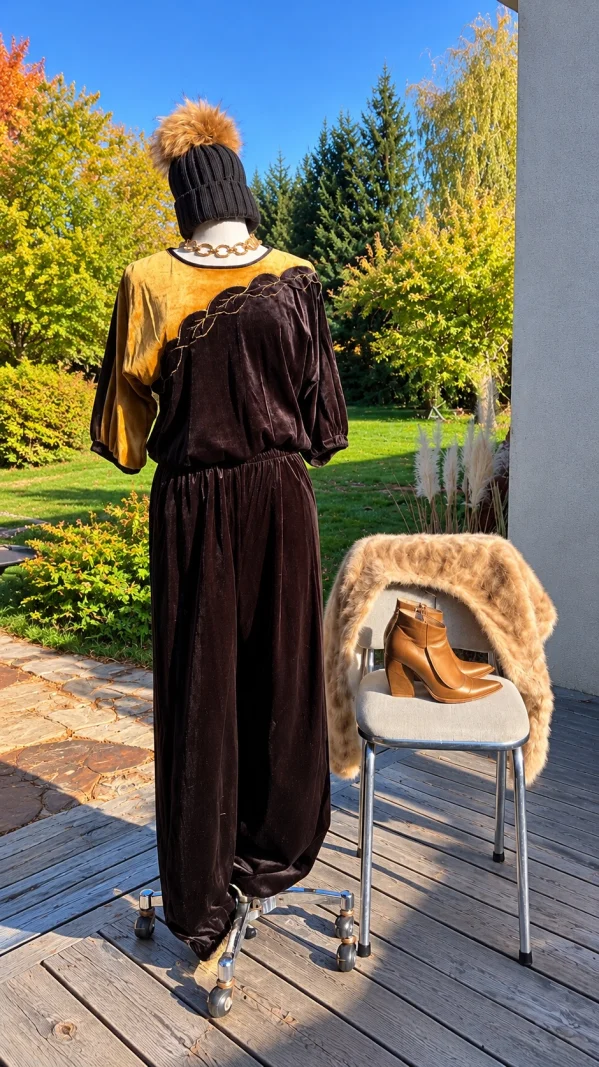 Ensemble velours bicolore vintage moutarde et brun
