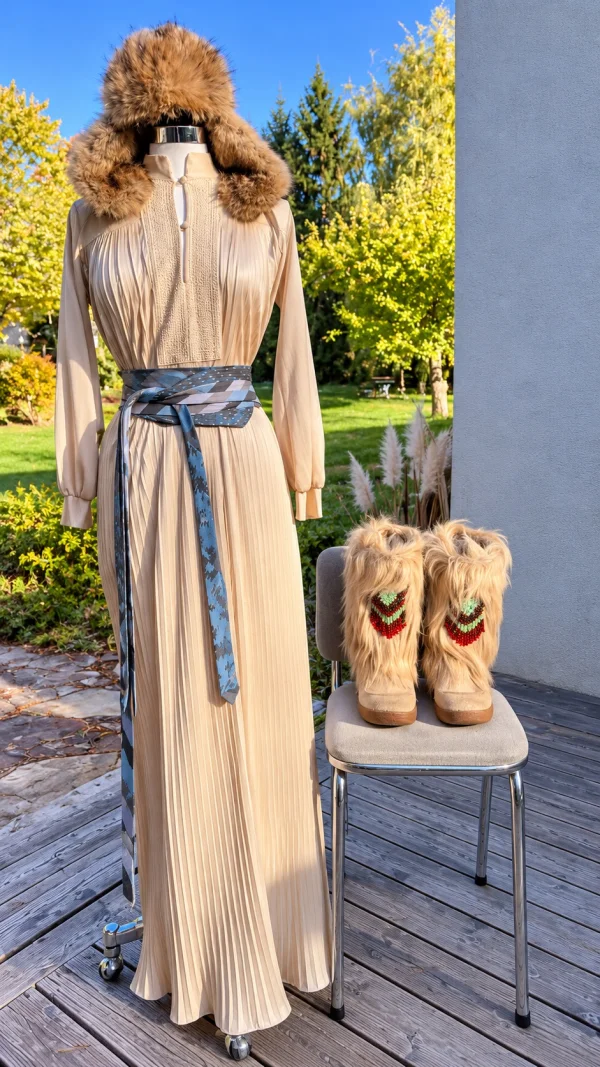 Robe plissée beige col fourrure vintage bohème